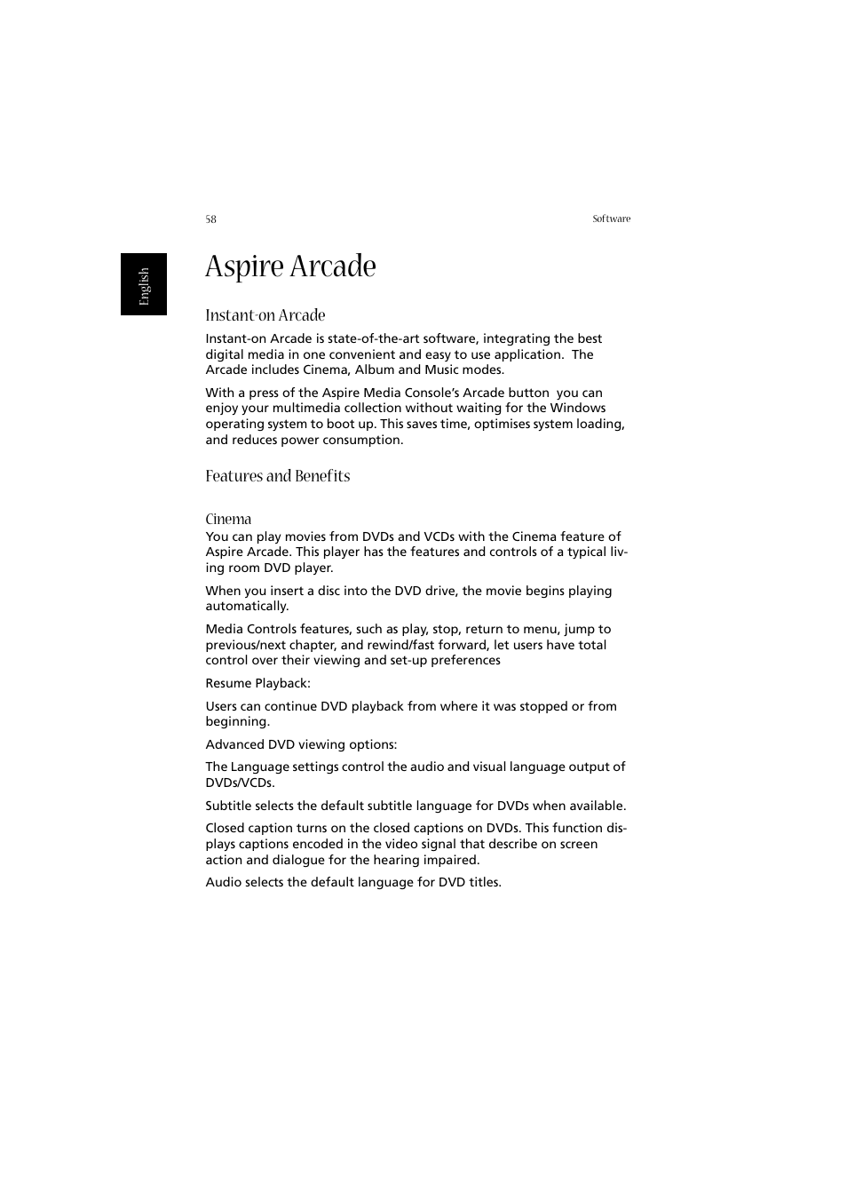 Aspire arcade, Instant-on arcade, Features and benefits | Cinema | Acer 2020 Series User Manual | Page 68 / 110