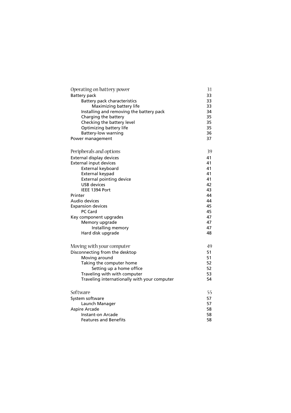 Operating on battery power 31, Peripherals and options 39, Moving with your computer 49 | Software 55 | Acer 2020 Series User Manual | Page 8 / 110