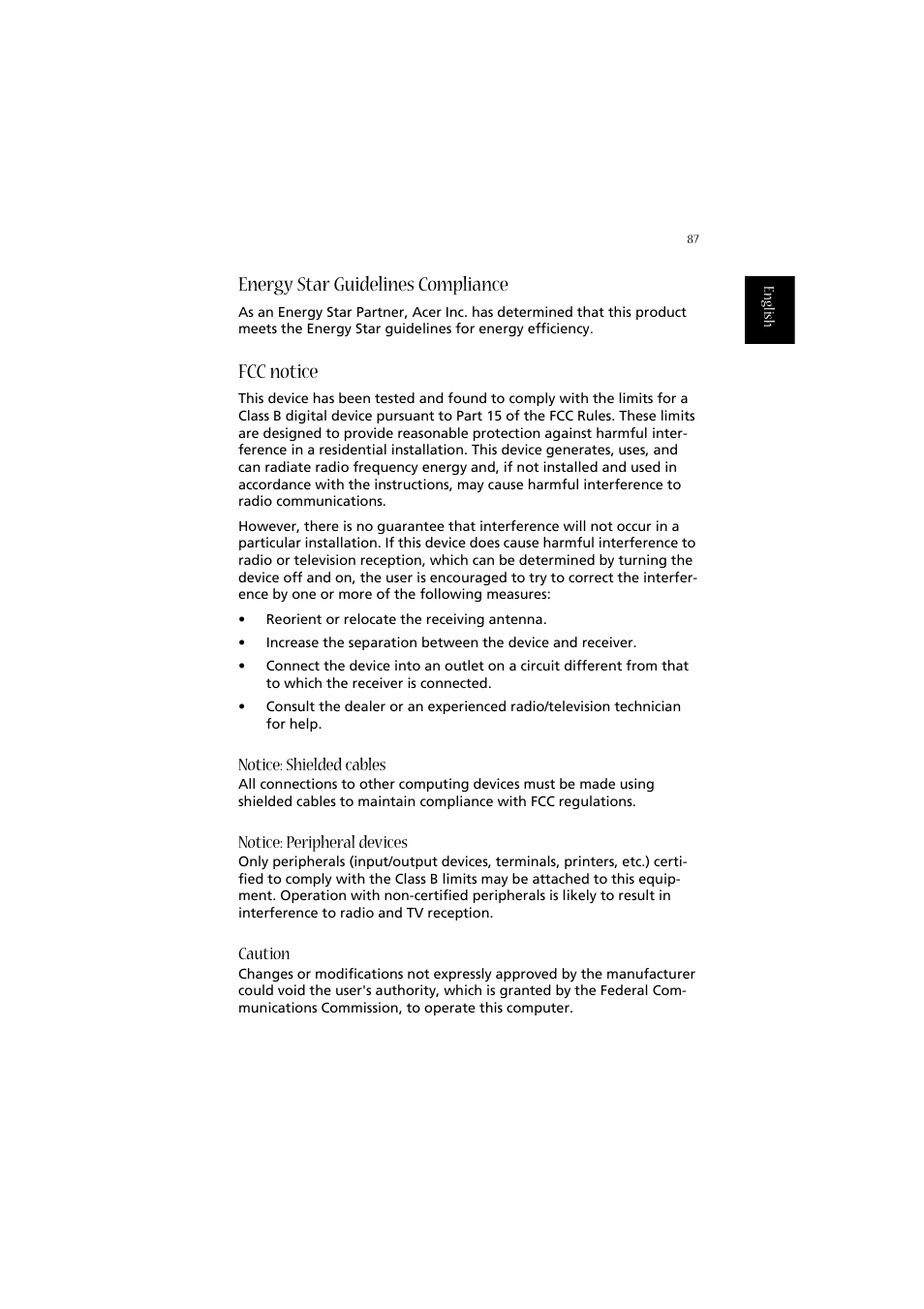 Energy star guidelines compliance, Fcc notice, Notice: shielded cables | Notice: peripheral devices, Caution | Acer 2020 Series User Manual | Page 97 / 110
