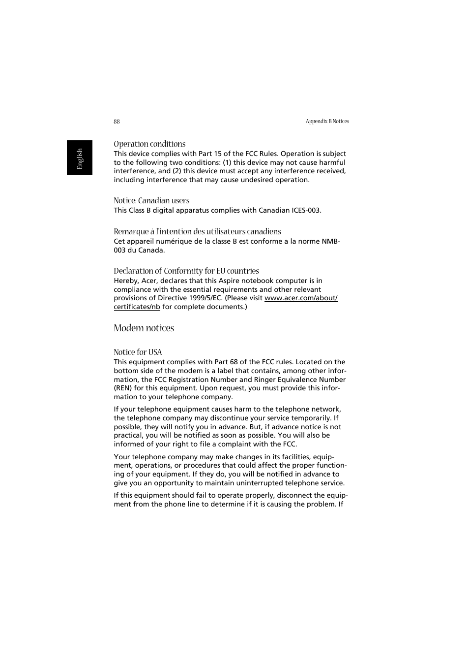 Modem notices | Acer 2020 Series User Manual | Page 98 / 110