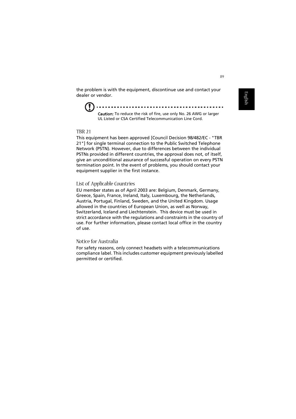 Tbr 21, List of applicable countries, Notice for australia | Acer 2020 Series User Manual | Page 99 / 110