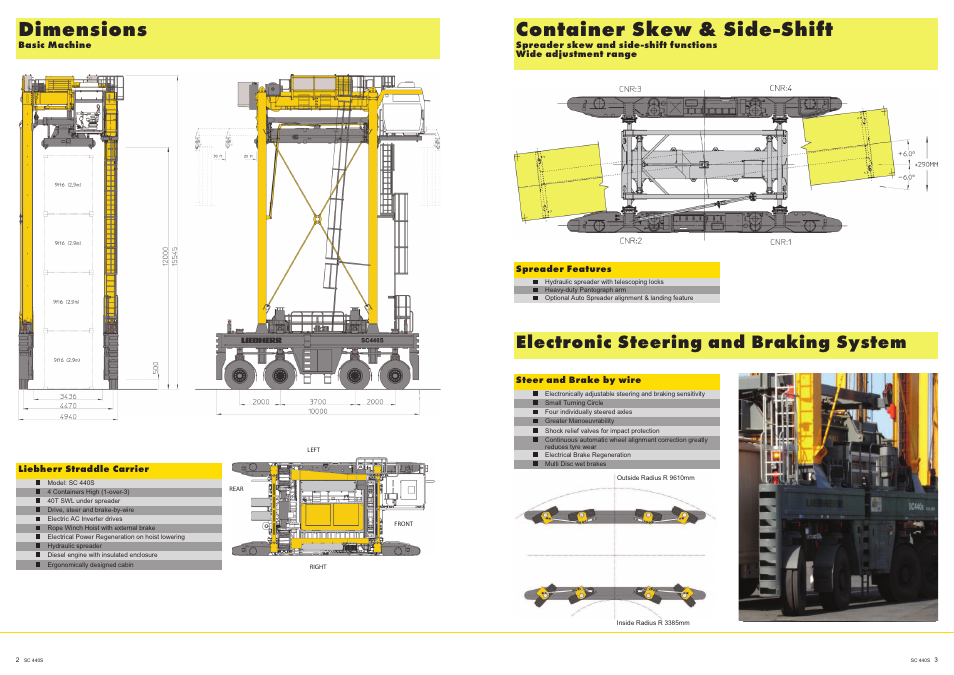 Dimensions, Container skew & side-shift, Electronic steering and braking system | Liebherr Straddle carriers User Manual | Page 2 / 4