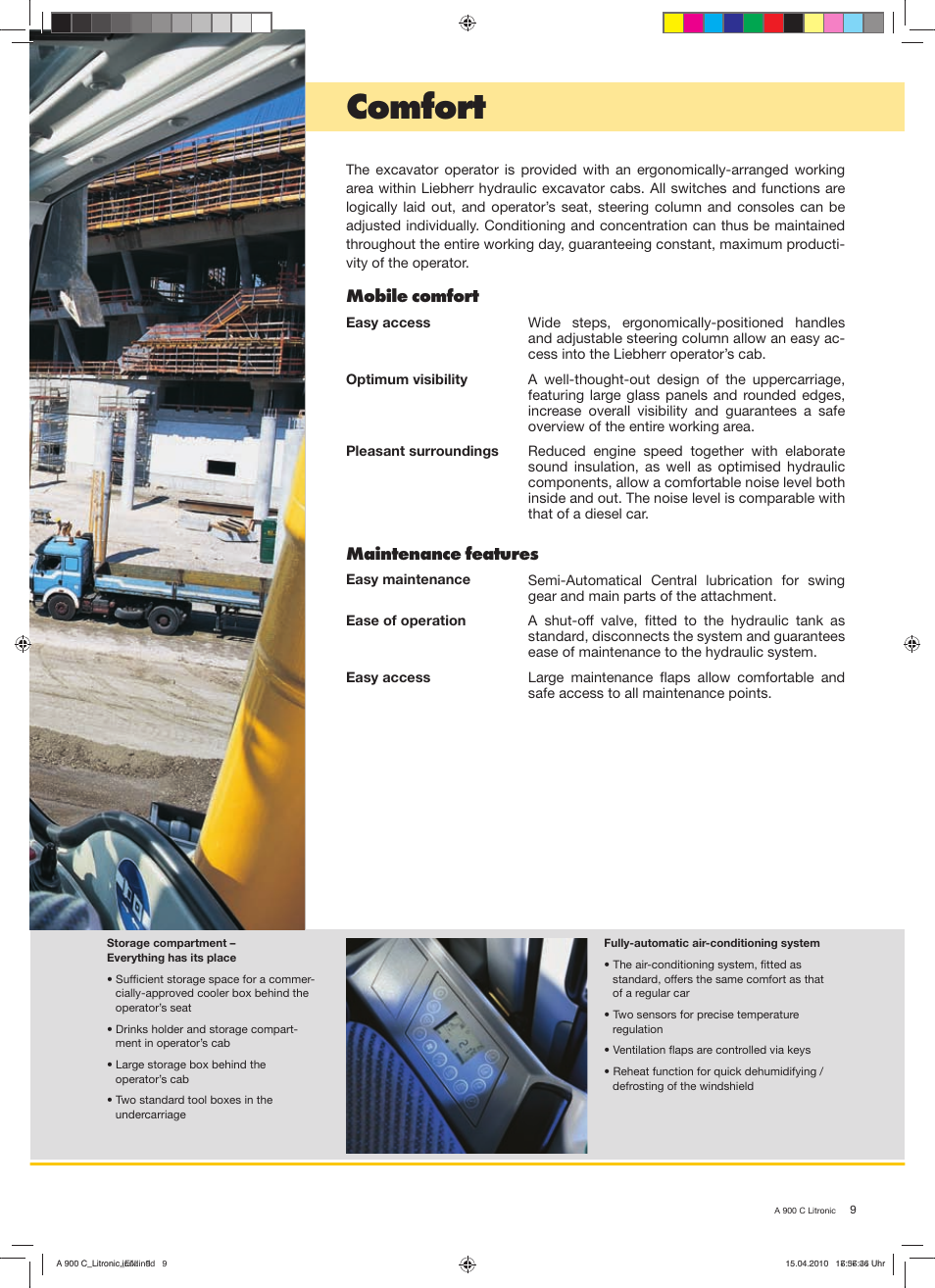 Comfort, Mobile comfort, Maintenance features | Liebherr A 900 C Litronic User Manual | Page 9 / 32