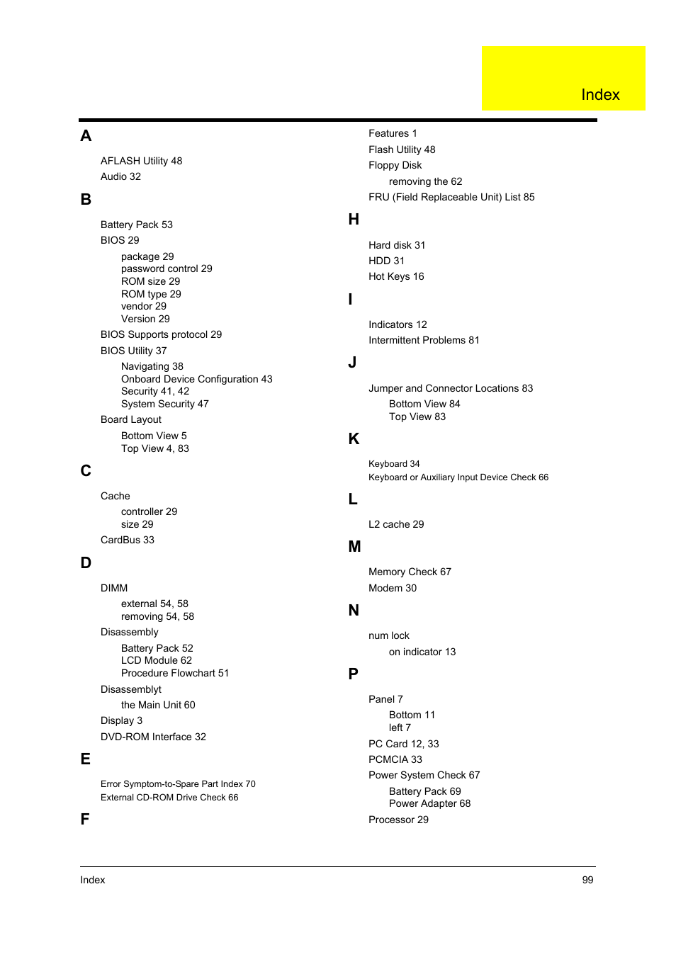 Index | Acer 3620 User Manual | Page 107 / 108