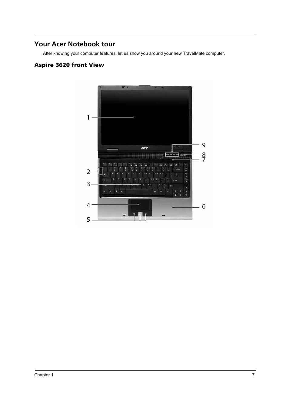 Your acer notebook tour, Aspire 3620 front view | Acer 3620 User Manual | Page 15 / 108