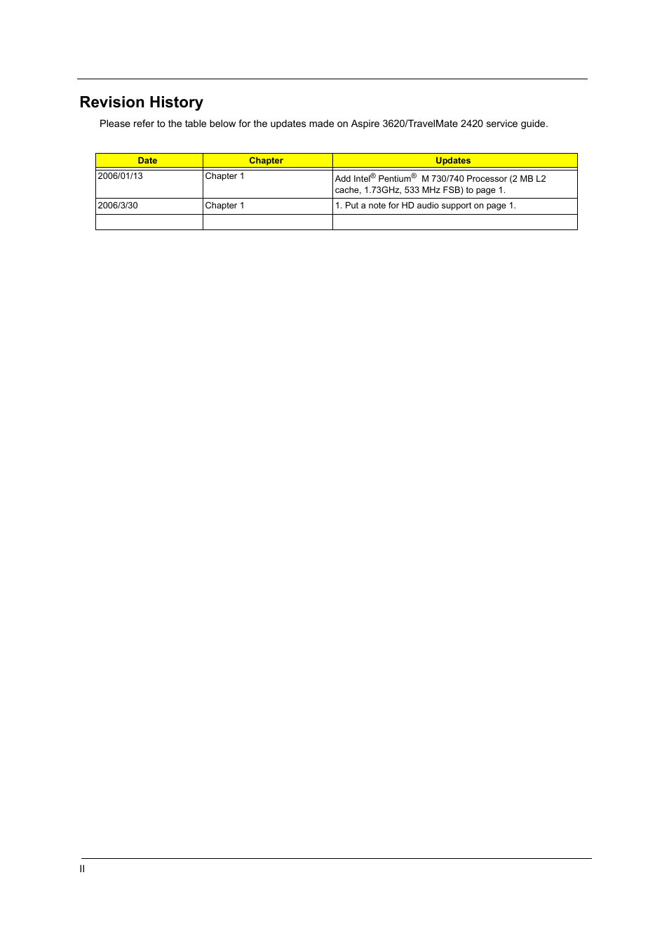 Revision history | Acer 3620 User Manual | Page 2 / 108