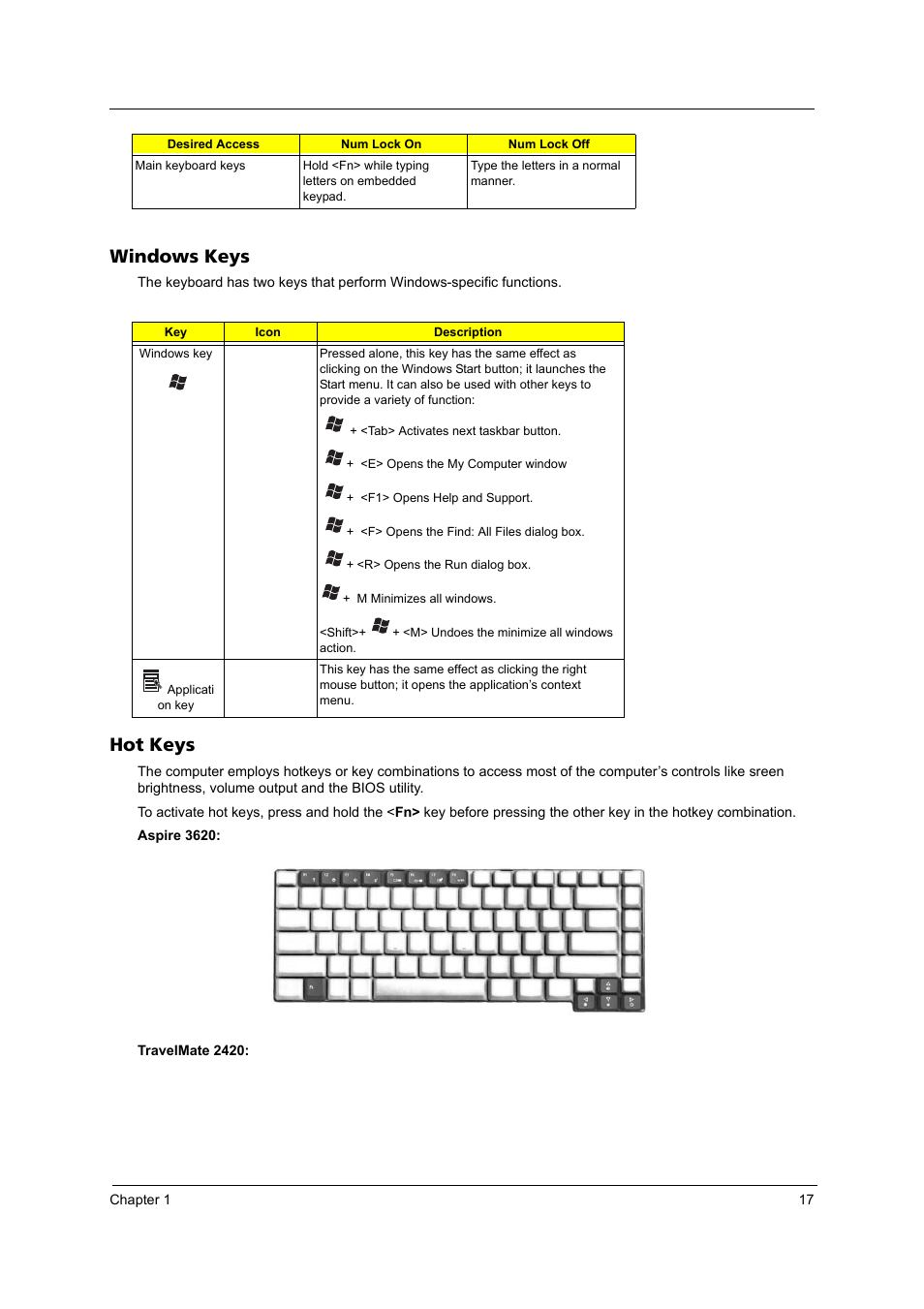 Windows keys, Hot keys | Acer 3620 User Manual | Page 25 / 108