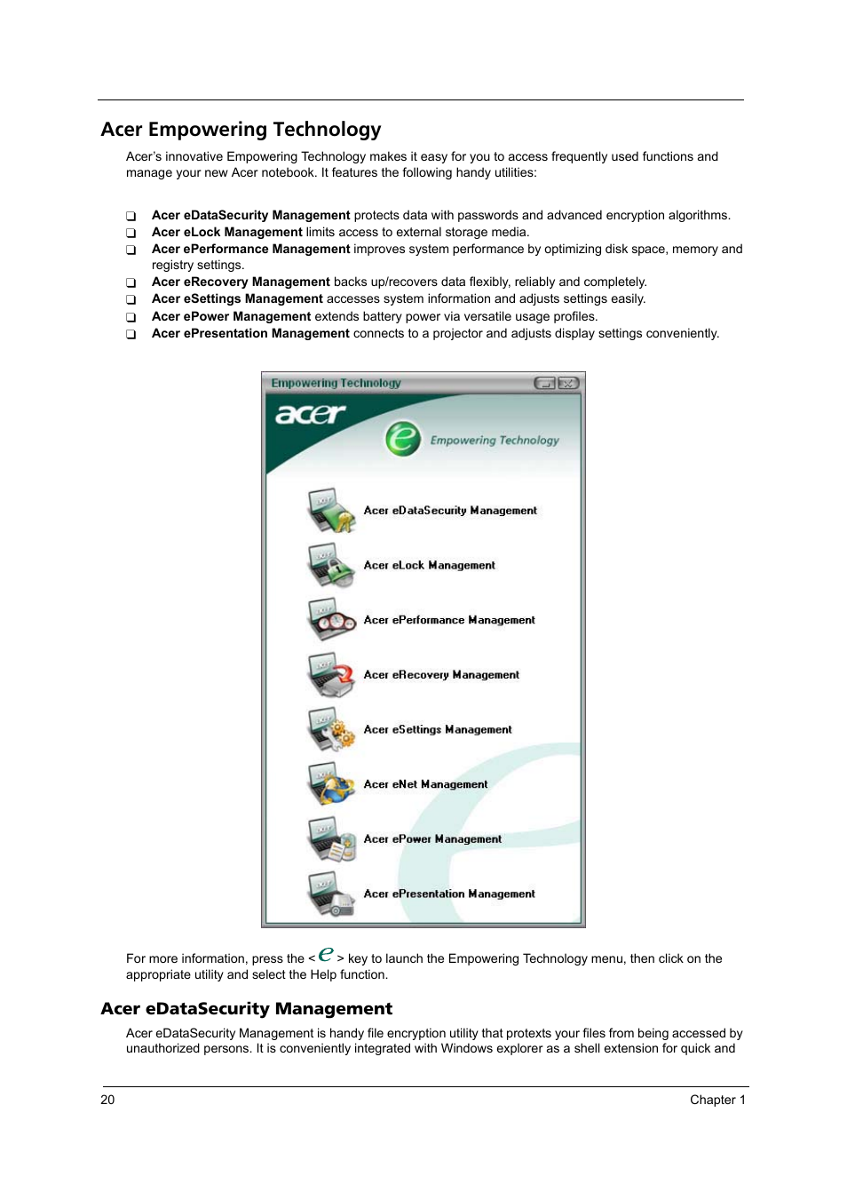 Acer empowering technology, Acer edatasecurity management | Acer 3620 User Manual | Page 28 / 108