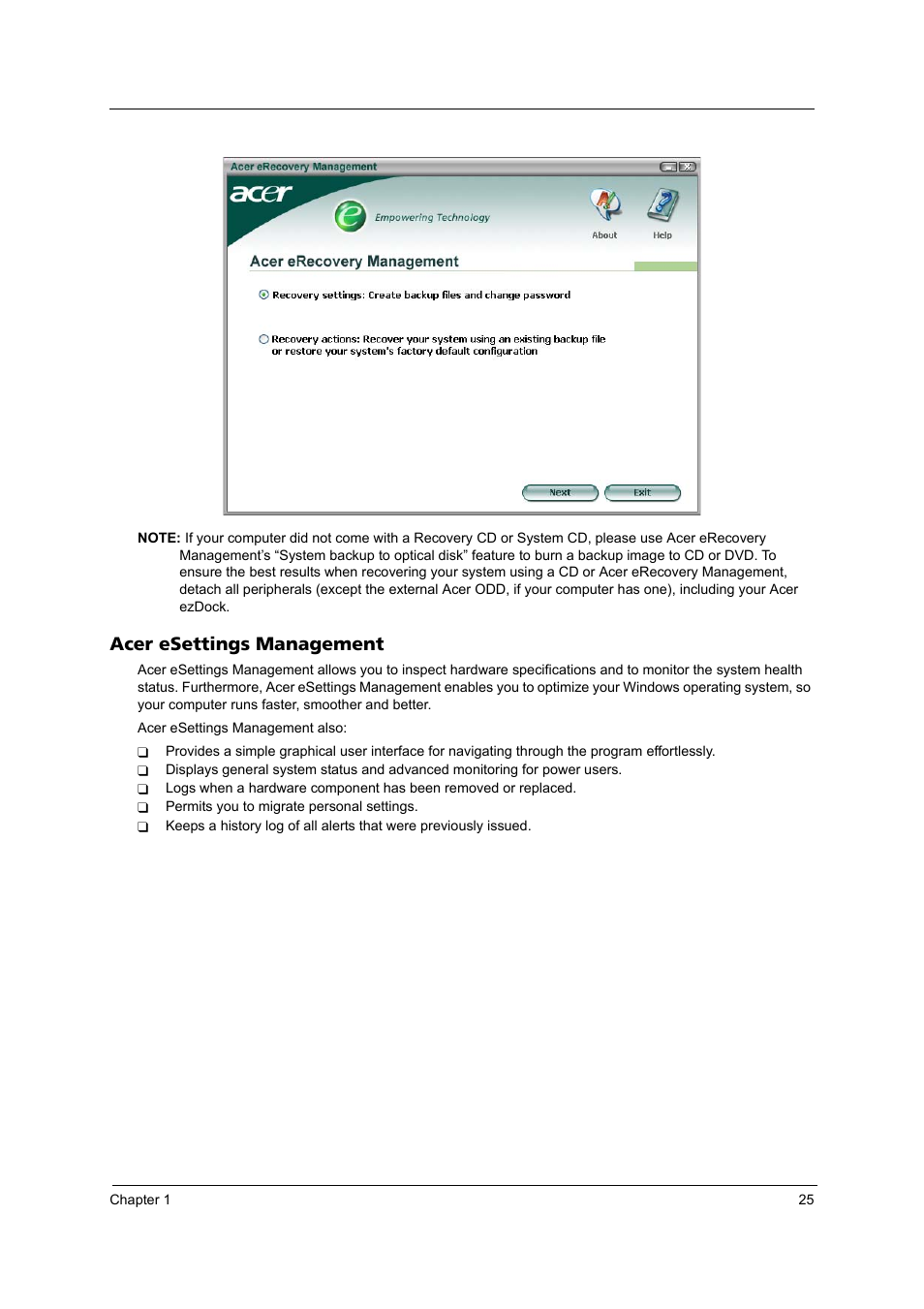 Acer esettings management | Acer 3620 User Manual | Page 33 / 108