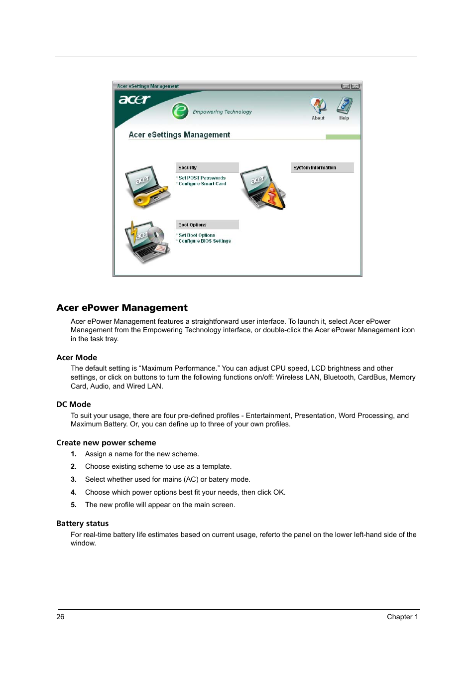 Acer epower management | Acer 3620 User Manual | Page 34 / 108