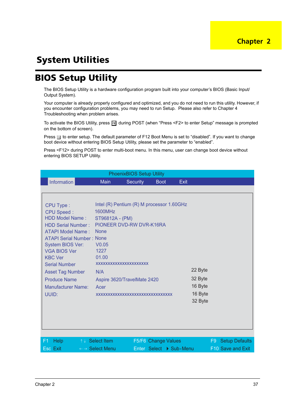 Ch.2 system utilities, Bios setup utility, System utilities | Chapter 2 | Acer 3620 User Manual | Page 45 / 108