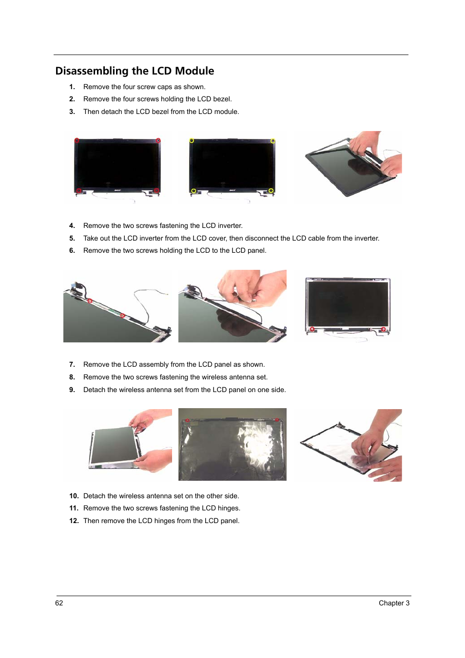 Disassembling the lcd module | Acer 3620 User Manual | Page 70 / 108