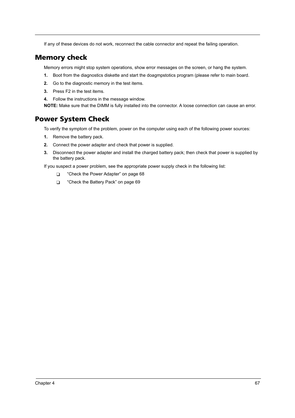 Memory check, Power system check | Acer 3620 User Manual | Page 75 / 108