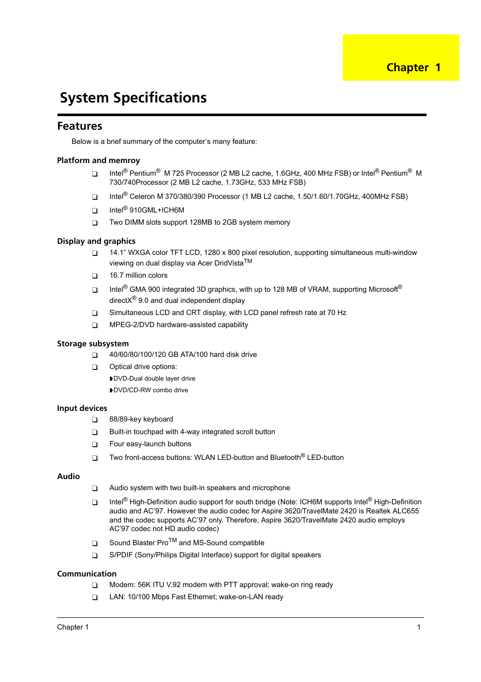 System specifications, Features, Chapter 1 | Acer 3620 User Manual | Page 9 / 108