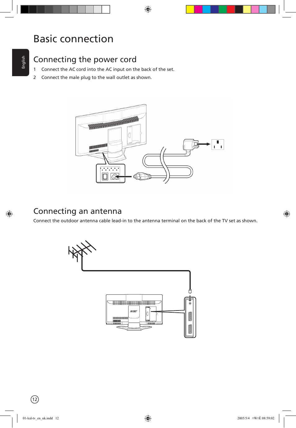 Basic connection, Connecting the power cord, Connecting an antenna | Acer AL2671W User Manual | Page 12 / 22