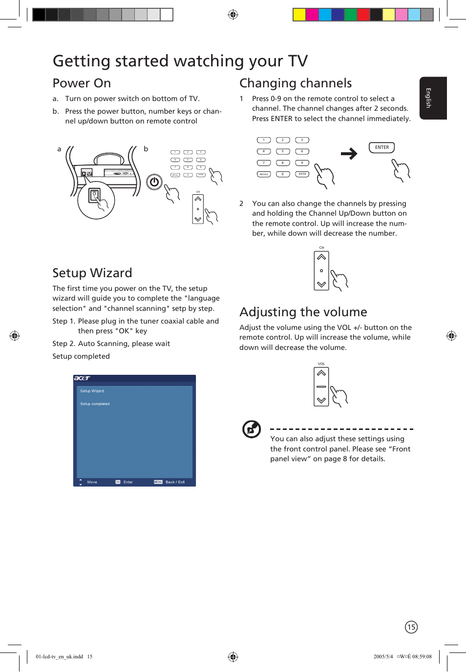 Getting started watching your tv, Changing channels, Adjusting the volume | Power on, Setup wizard | Acer AL2671W User Manual | Page 15 / 22