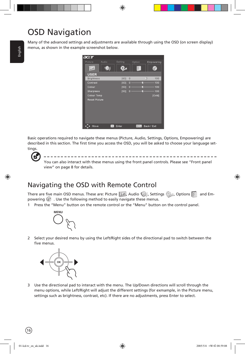 Osd navigation, Navigating the osd with remote control | Acer AL2671W User Manual | Page 16 / 22