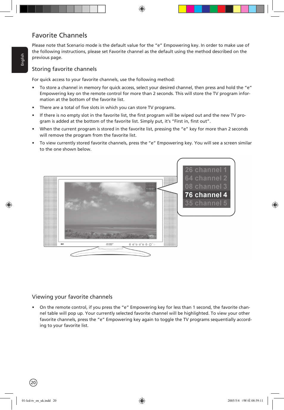 Favorite channels, Storing favorite channels, Viewing your favorite channels | Acer AL2671W User Manual | Page 20 / 22