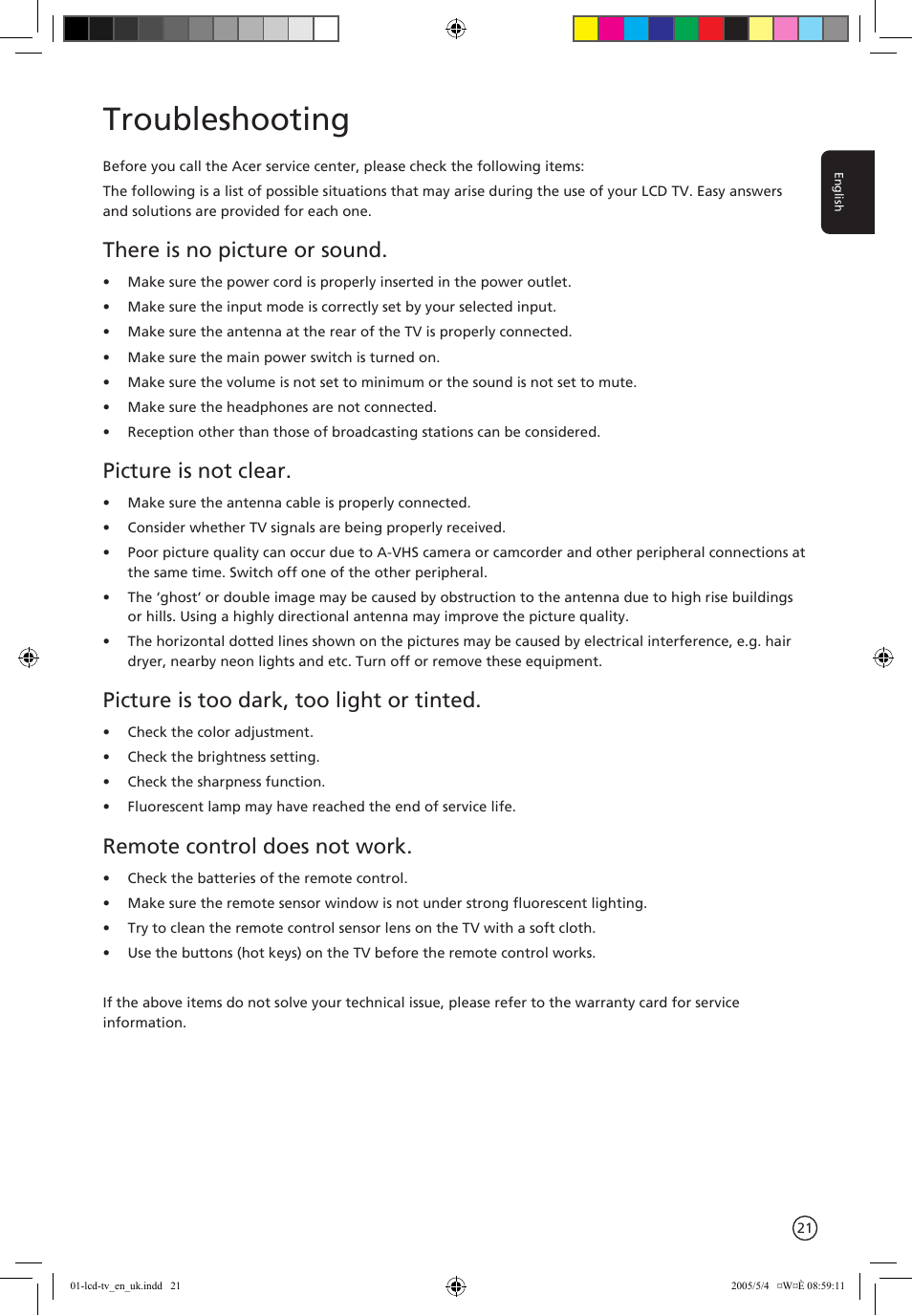 Troubleshooting, There is no picture or sound, Picture is not clear | Picture is too dark, too light or tinted, Remote control does not work | Acer AL2671W User Manual | Page 21 / 22