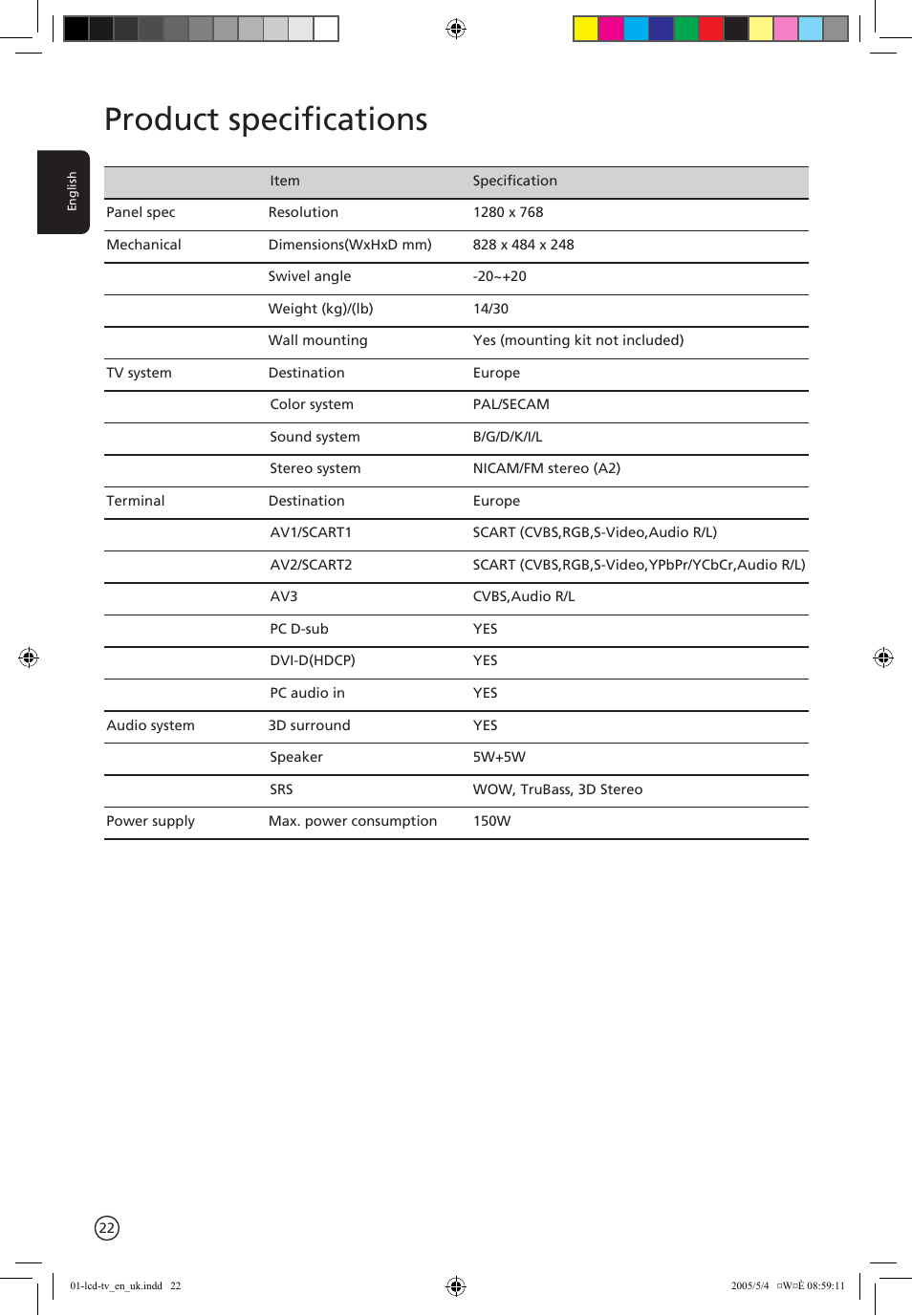 Product specifications | Acer AL2671W User Manual | Page 22 / 22