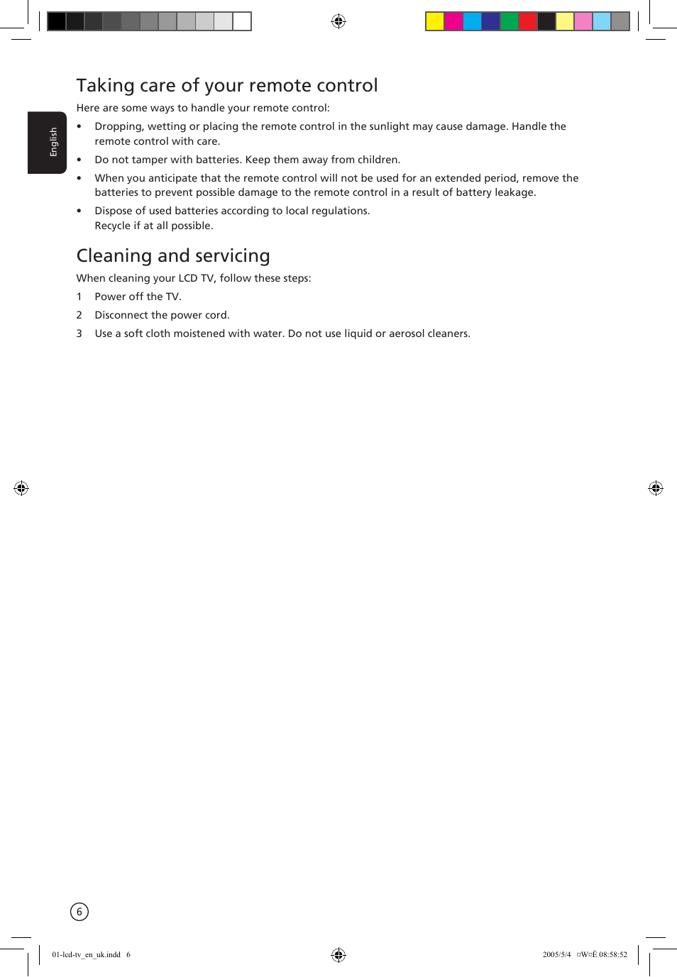 Taking care of your remote control, Cleaning and servicing | Acer AL2671W User Manual | Page 6 / 22