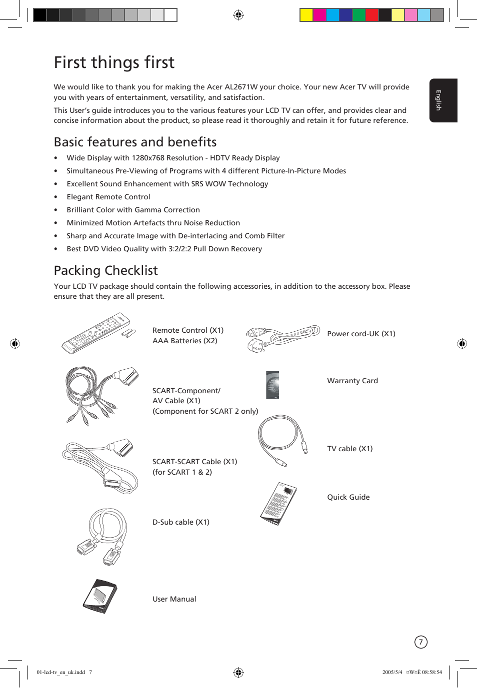 First things first, Basic features and benefits, Packing checklist | Acer AL2671W User Manual | Page 7 / 22