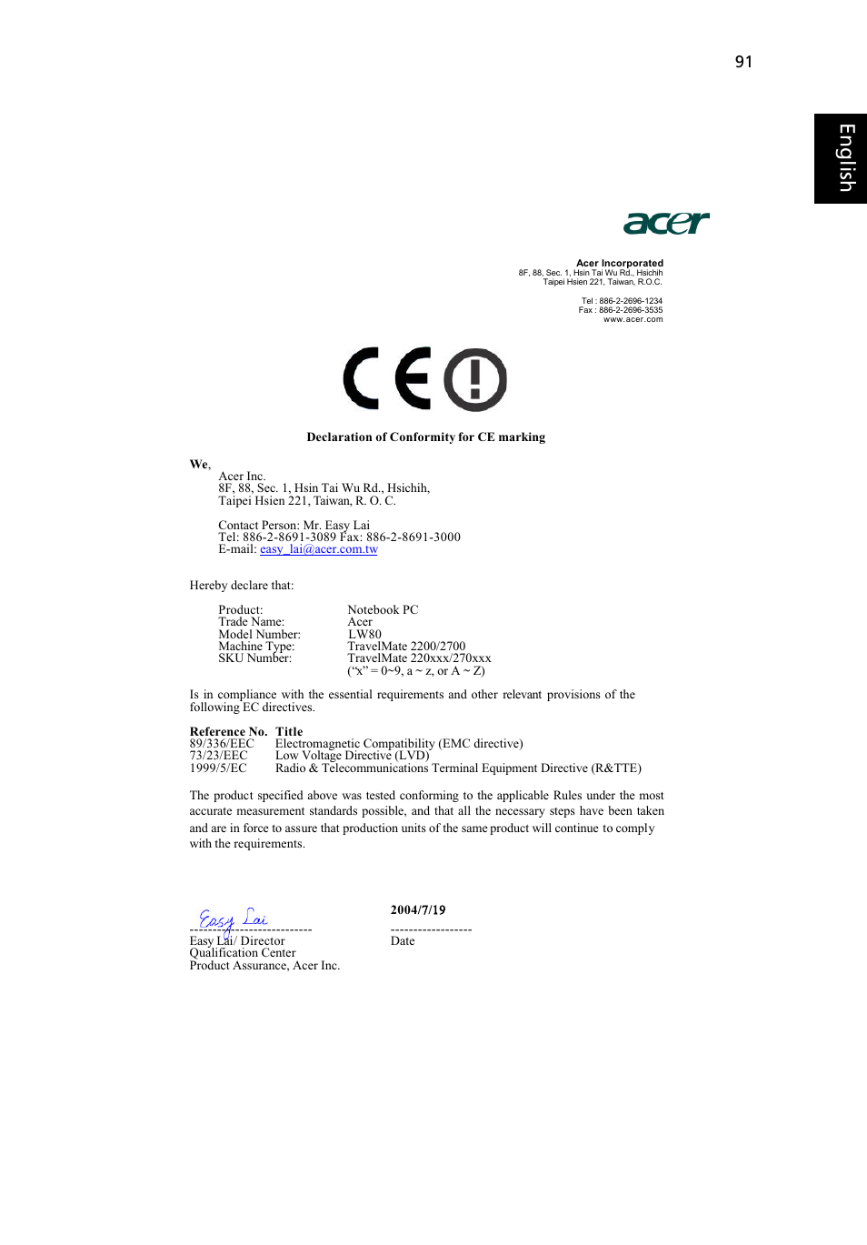 Eng lish eng lis h | Acer 2200 Series User Manual | Page 101 / 105