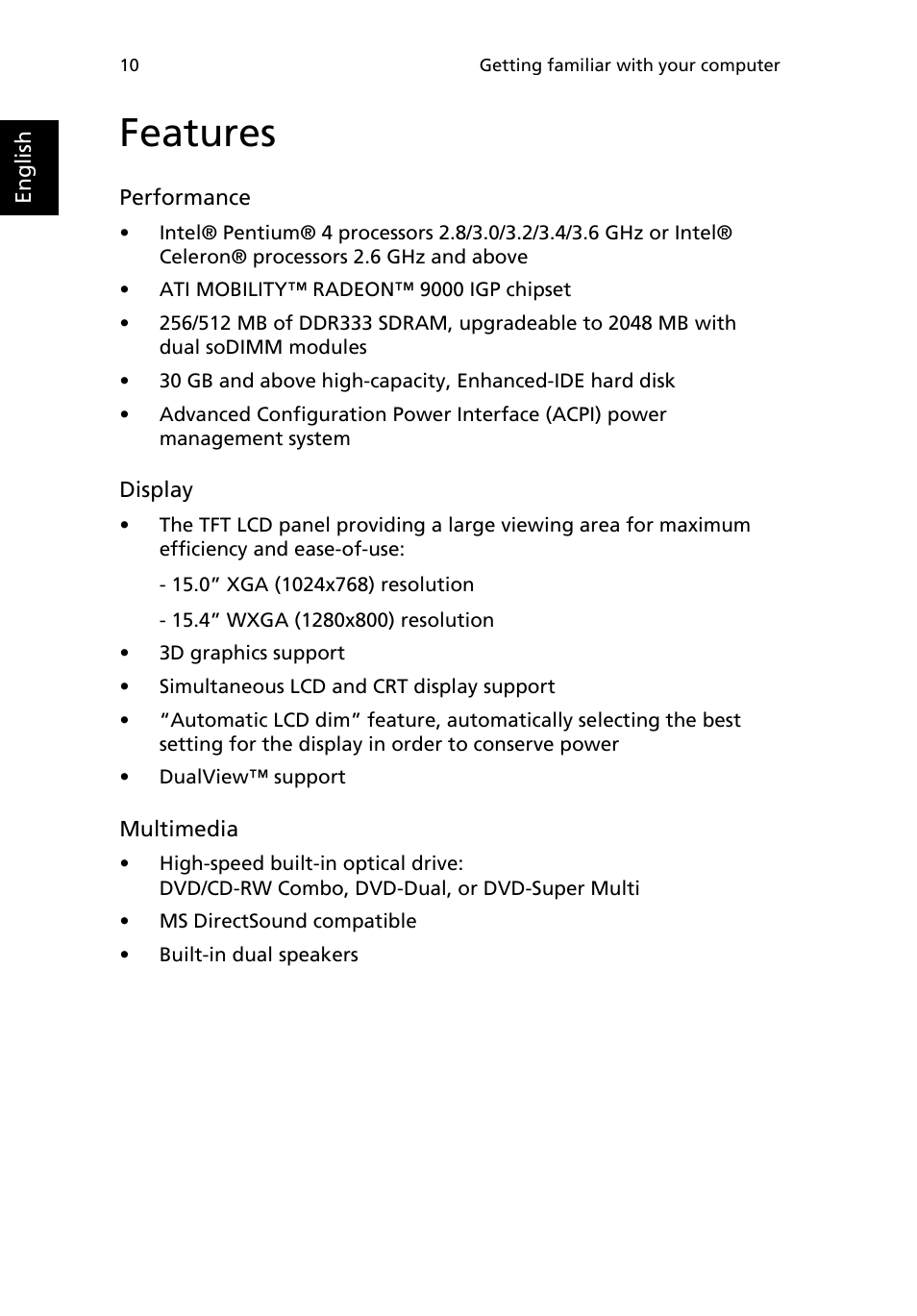 Features | Acer 2200 Series User Manual | Page 20 / 105