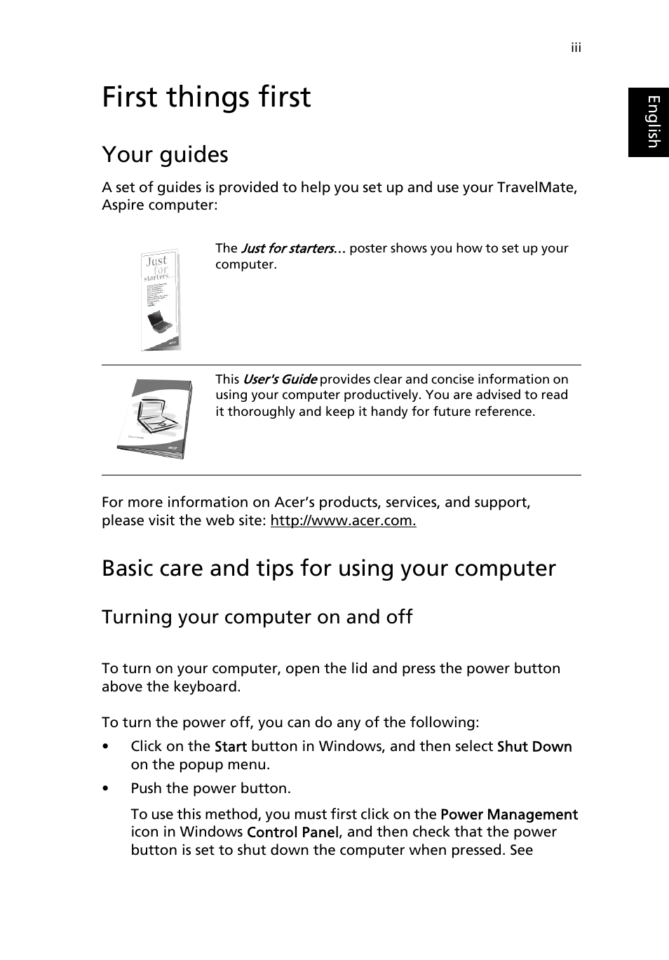 First things first, Your guides, Basic care and tips for using your computer | Turning your computer on and off | Acer 2200 Series User Manual | Page 3 / 105