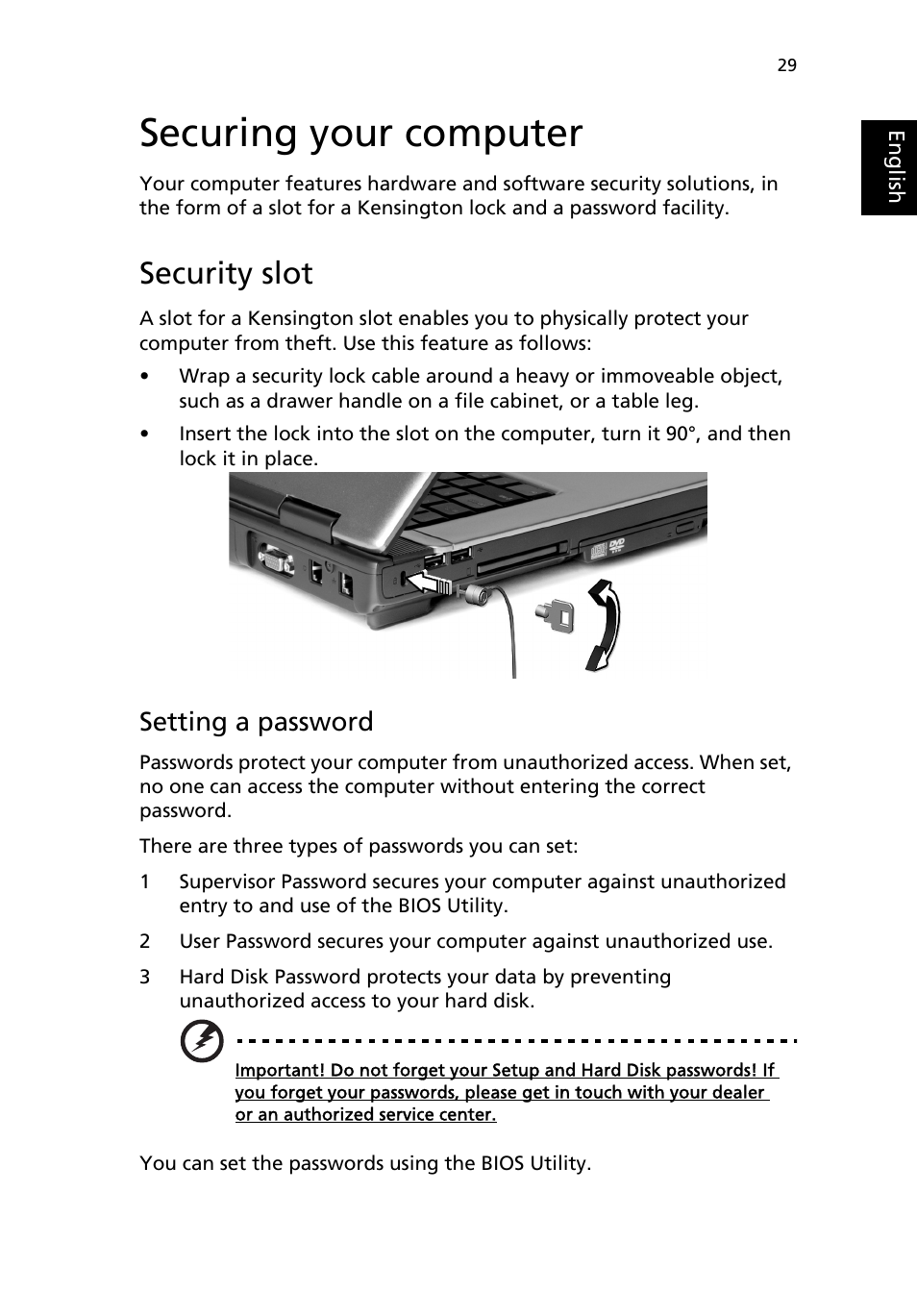 Securing your computer, Security slot, Setting a password | Acer 2200 Series User Manual | Page 39 / 105