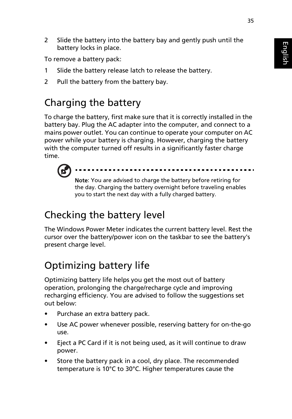 Charging the battery, Checking the battery level, Optimizing battery life | Acer 2200 Series User Manual | Page 45 / 105