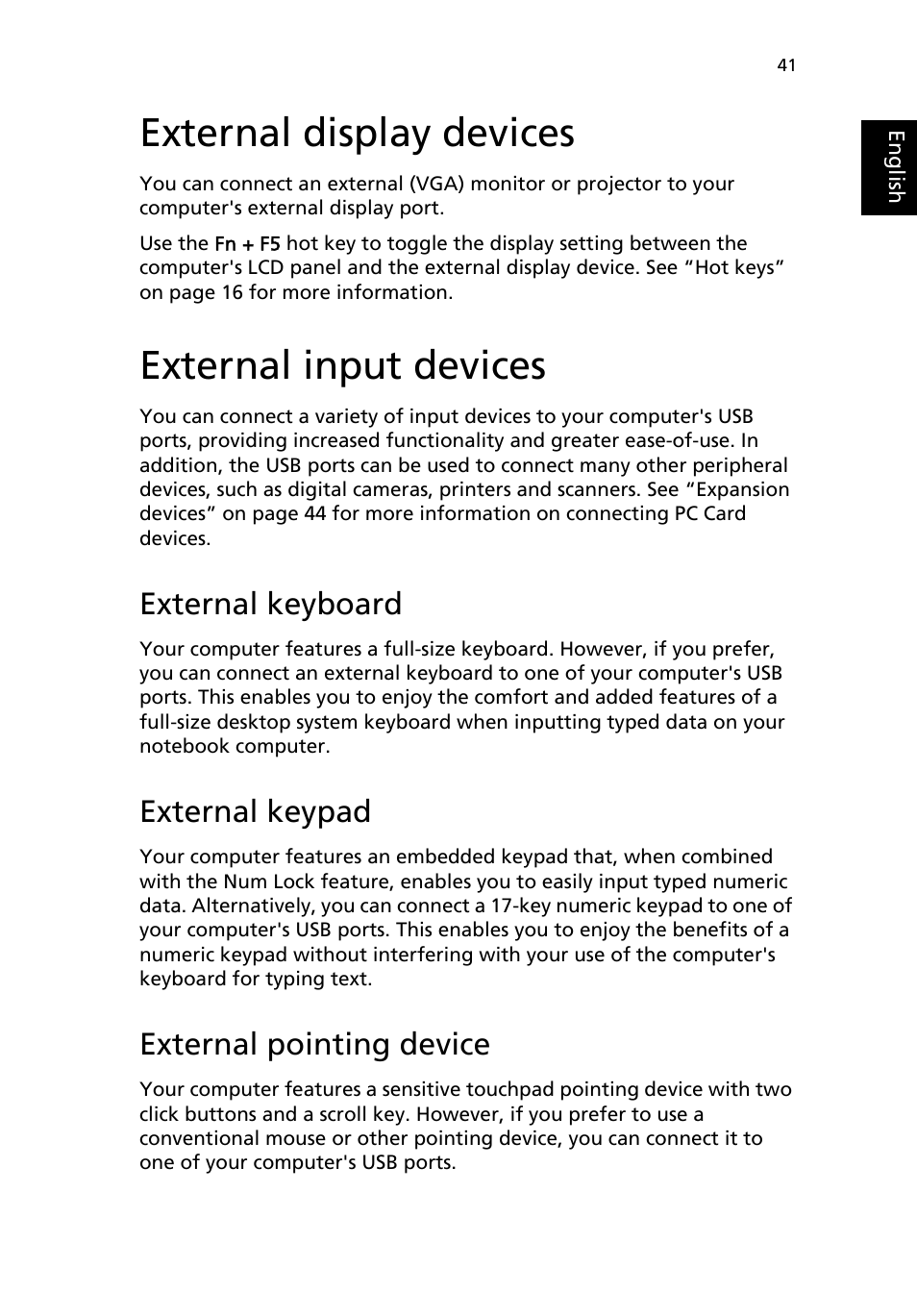 External display devices, External input devices, External keyboard | External keypad, External pointing device | Acer 2200 Series User Manual | Page 51 / 105