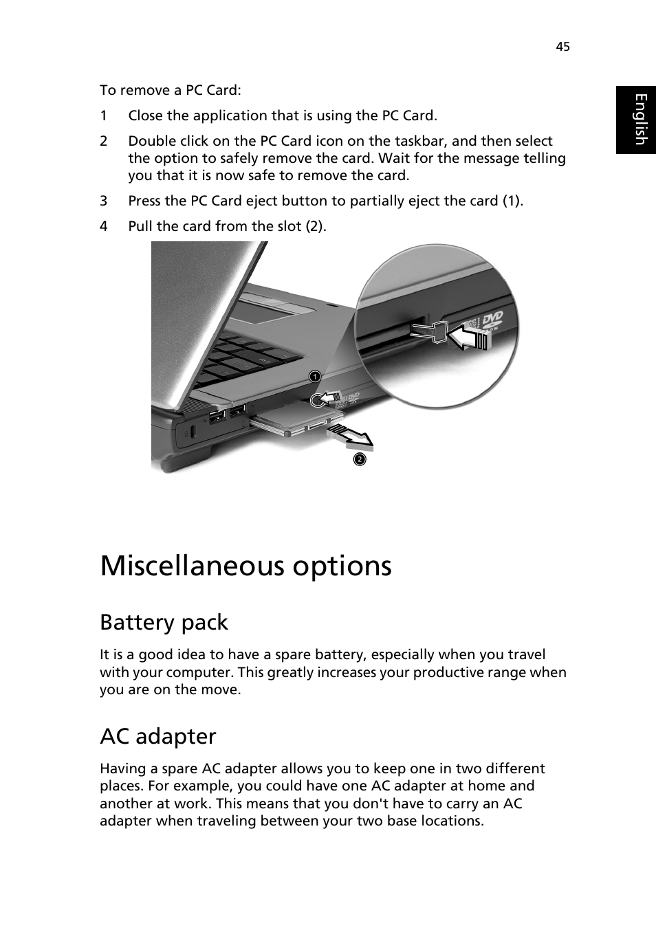 Miscellaneous options, Battery pack, Ac adapter | Acer 2200 Series User Manual | Page 55 / 105