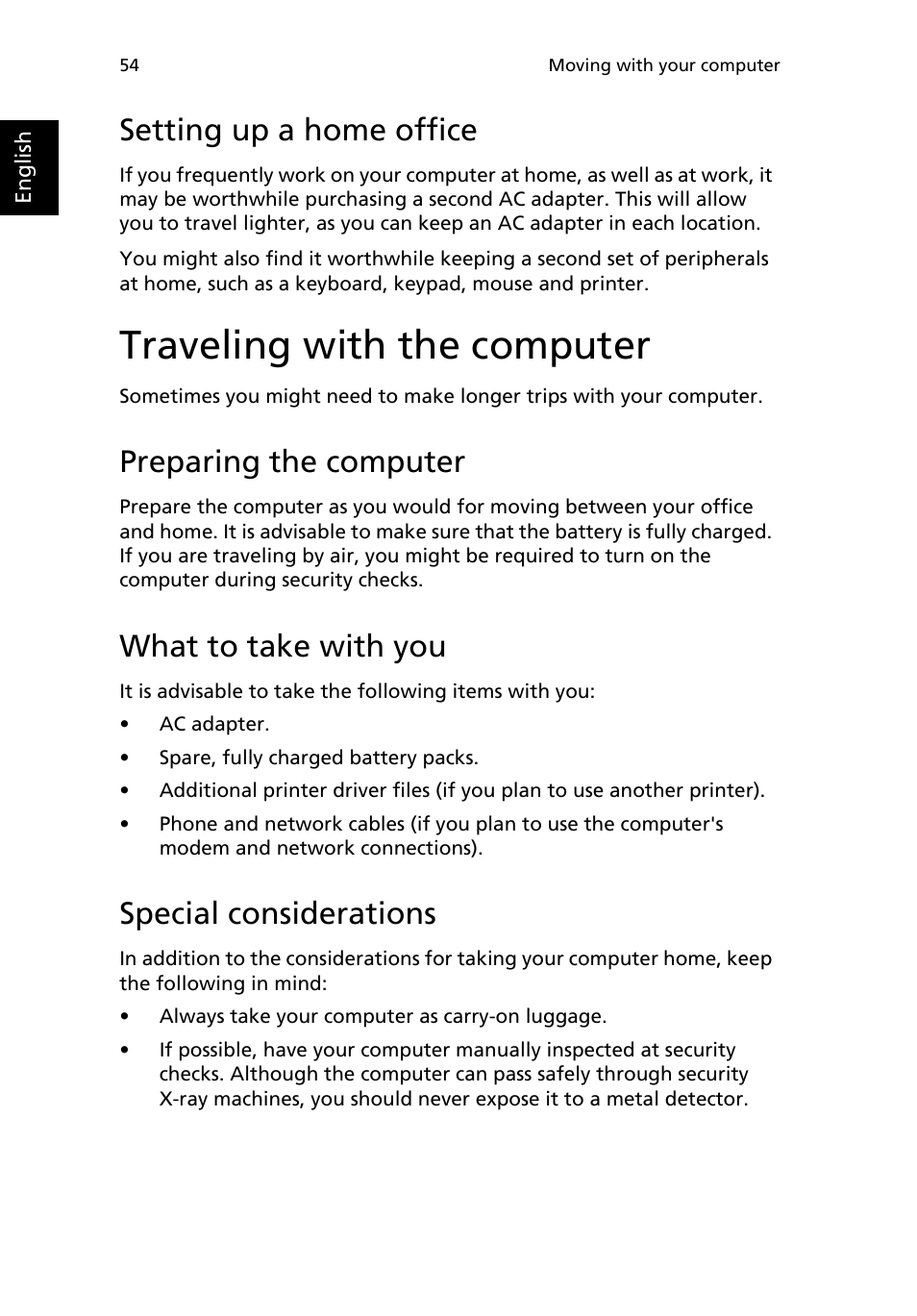 Setting up a home office, Traveling with the computer, Preparing the computer | What to take with you, Special considerations | Acer 2200 Series User Manual | Page 64 / 105