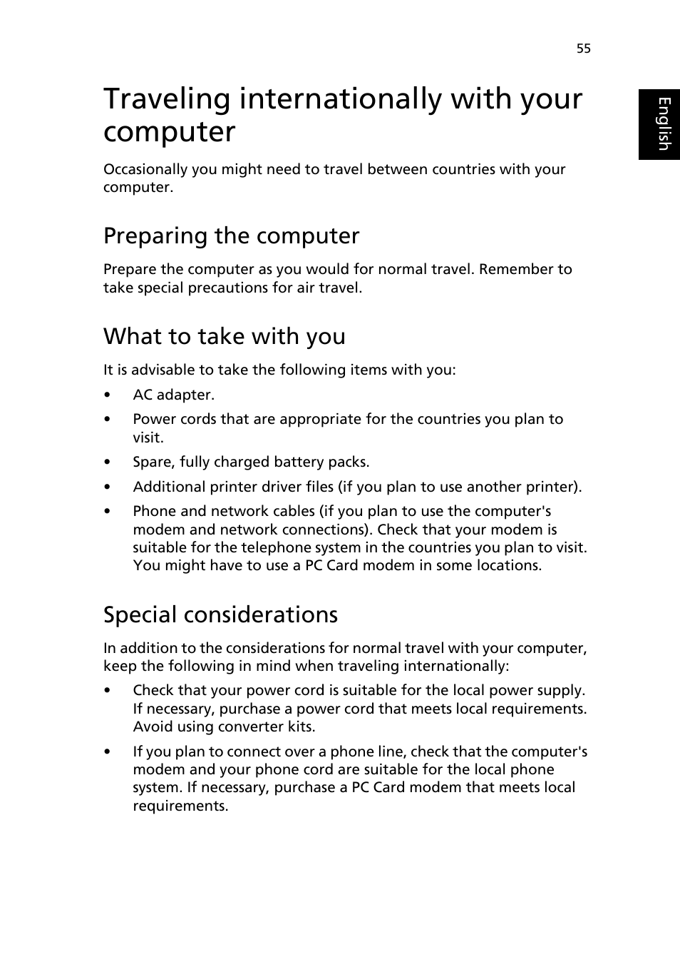 Traveling internationally with your computer, Preparing the computer, What to take with you | Special considerations | Acer 2200 Series User Manual | Page 65 / 105