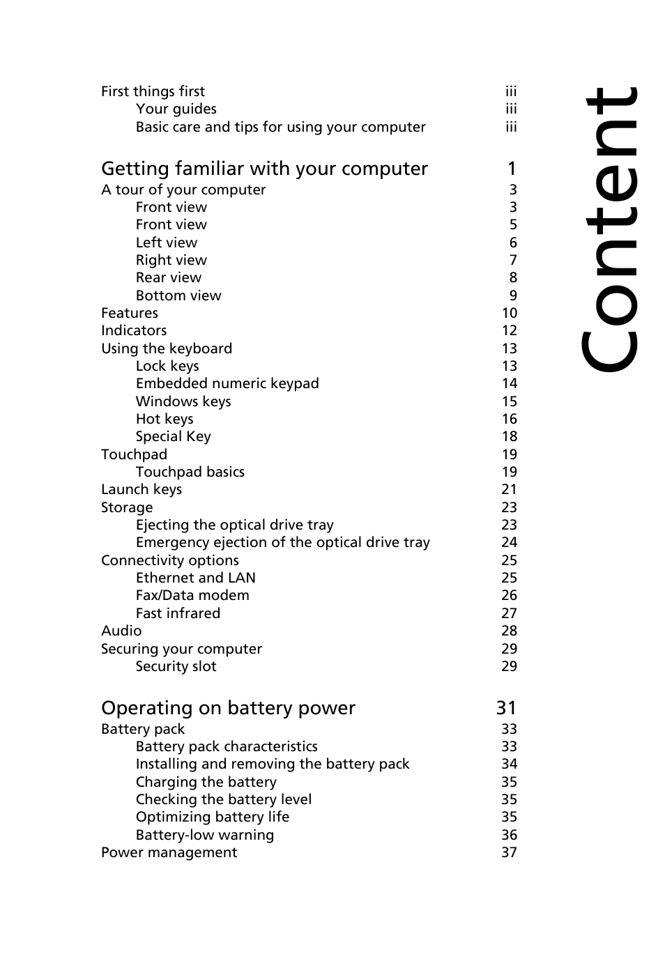 Content s, Content, Getting familiar with your computer 1 | Operating on battery power 31 | Acer 2200 Series User Manual | Page 7 / 105