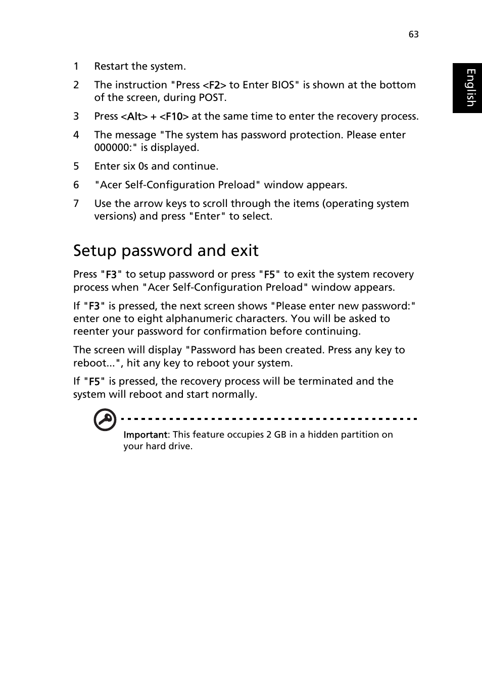 Setup password and exit | Acer 2200 Series User Manual | Page 73 / 105