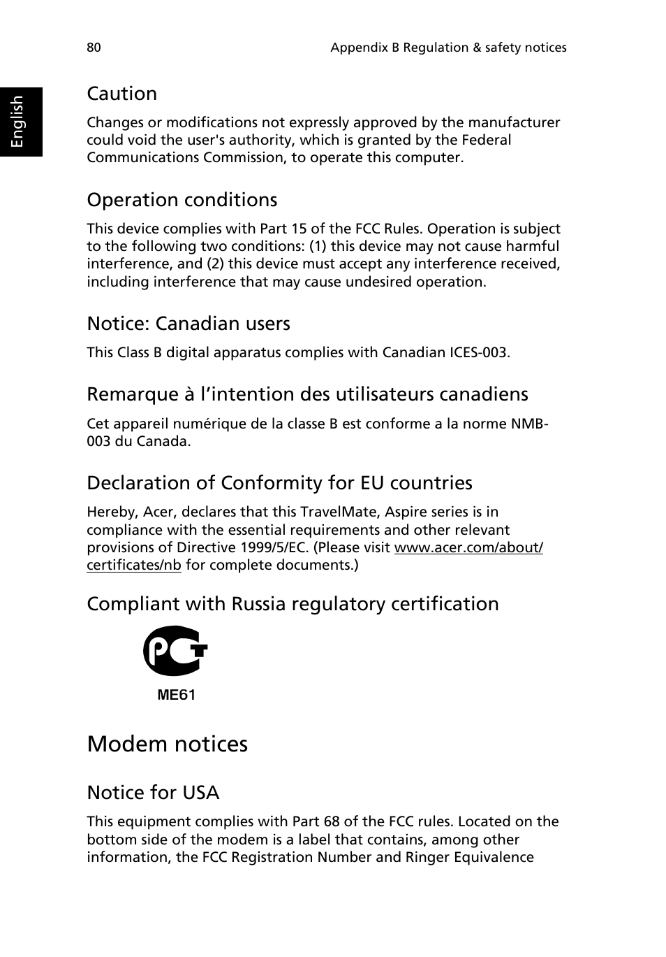 Compliant with russia regulatory certification, Modem notices, Caution | Operation conditions, Notice: canadian users, Remarque à l’intention des utilisateurs canadiens, Declaration of conformity for eu countries, Notice for usa | Acer 2200 Series User Manual | Page 90 / 105