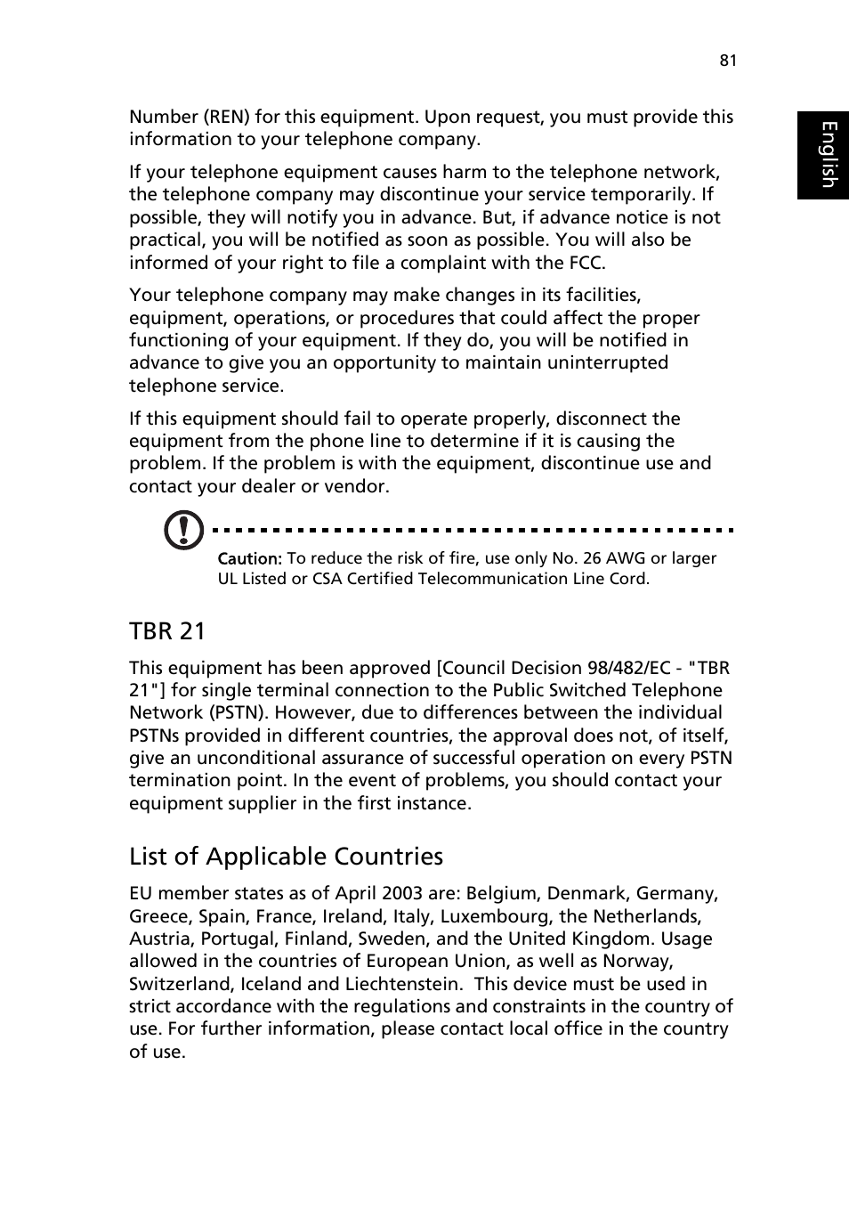 Tbr 21, List of applicable countries | Acer 2200 Series User Manual | Page 91 / 105