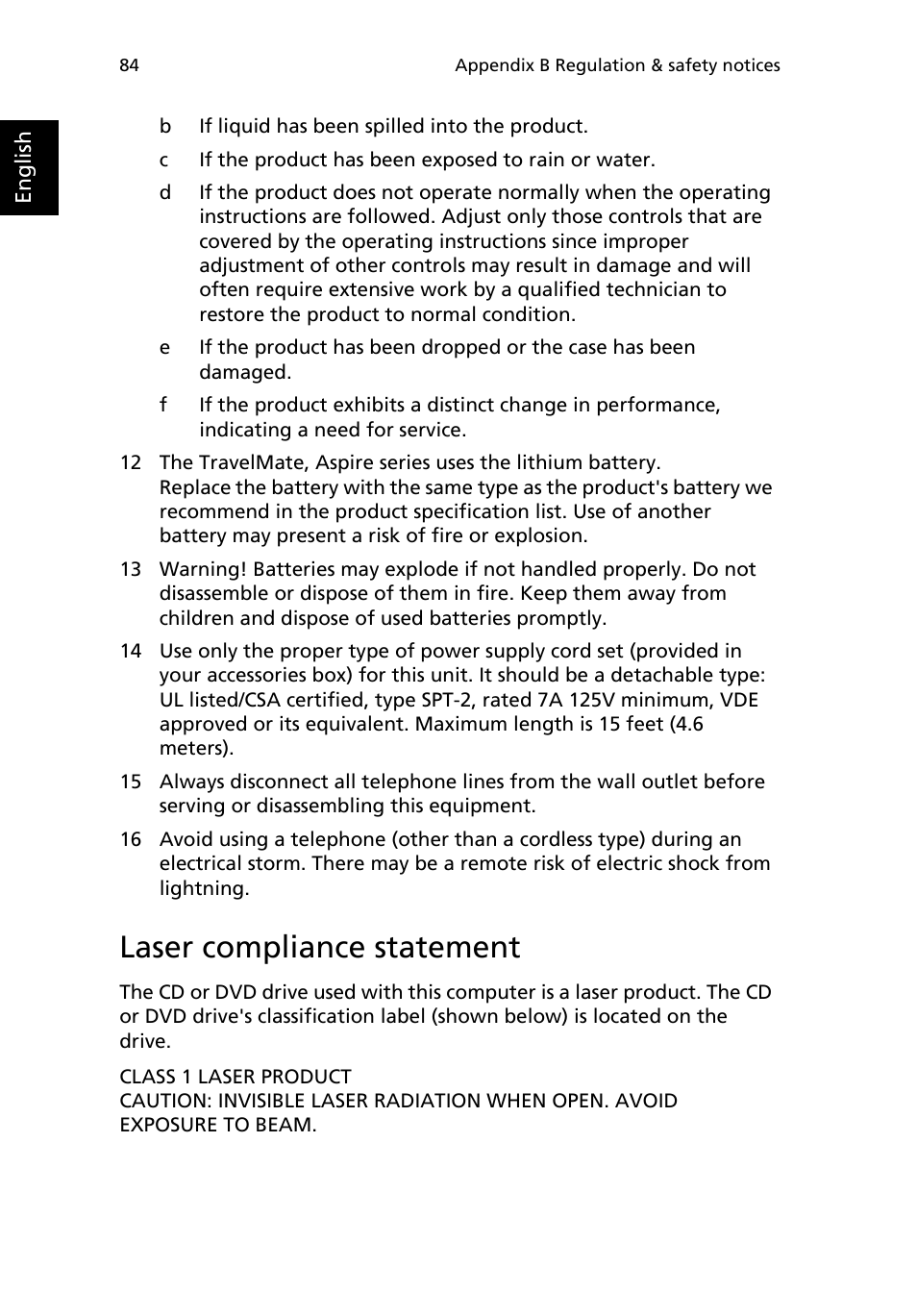 Laser compliance statement | Acer 2200 Series User Manual | Page 94 / 105