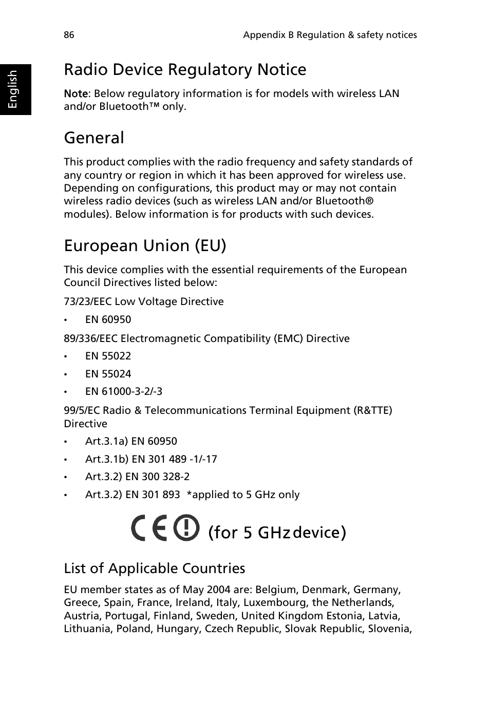 Radio device regulatory notice, General, European union (eu) | List of applicable countries | Acer 2200 Series User Manual | Page 96 / 105