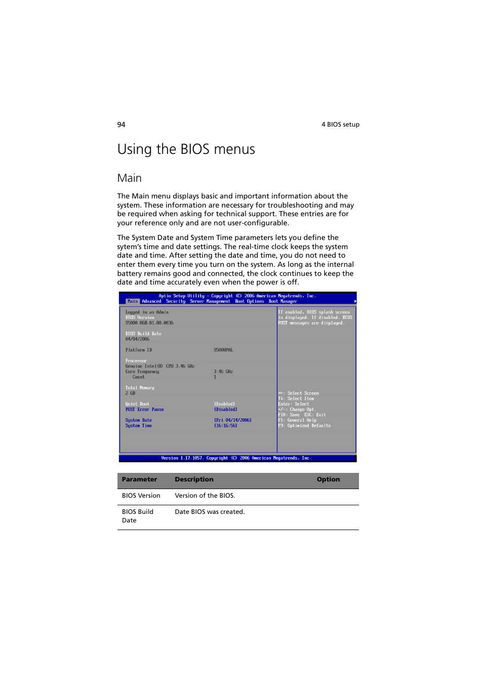 Using the bios menus, Main | Acer Network Device Altos R520 User Manual | Page 104 / 184