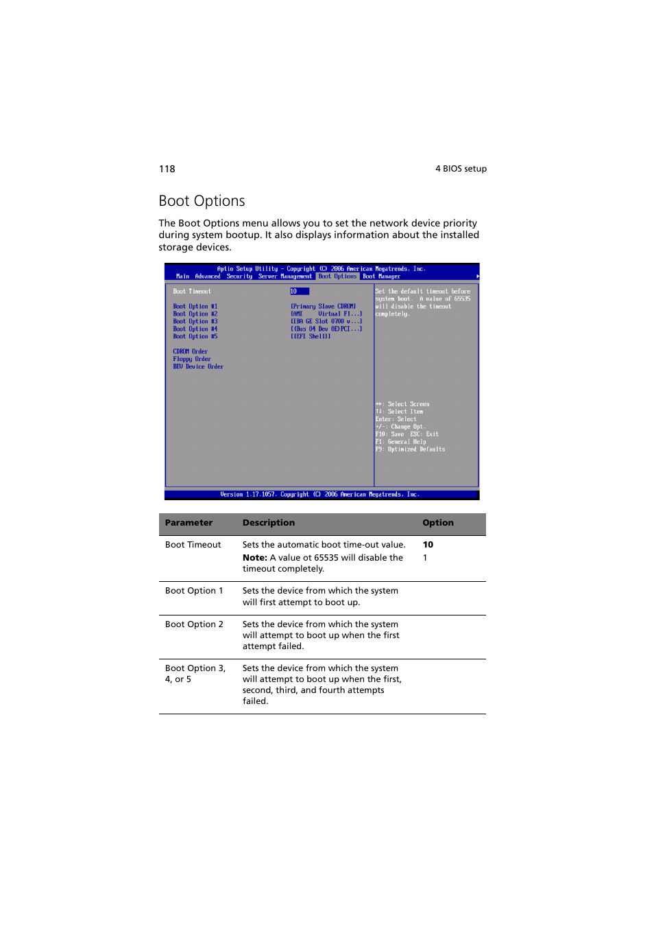 Boot options | Acer Network Device Altos R520 User Manual | Page 128 / 184