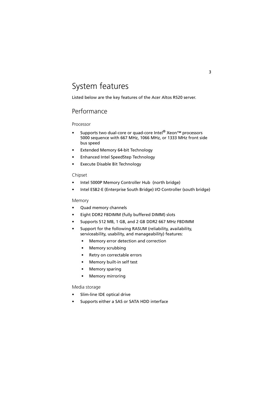 System features, Performance | Acer Network Device Altos R520 User Manual | Page 13 / 184