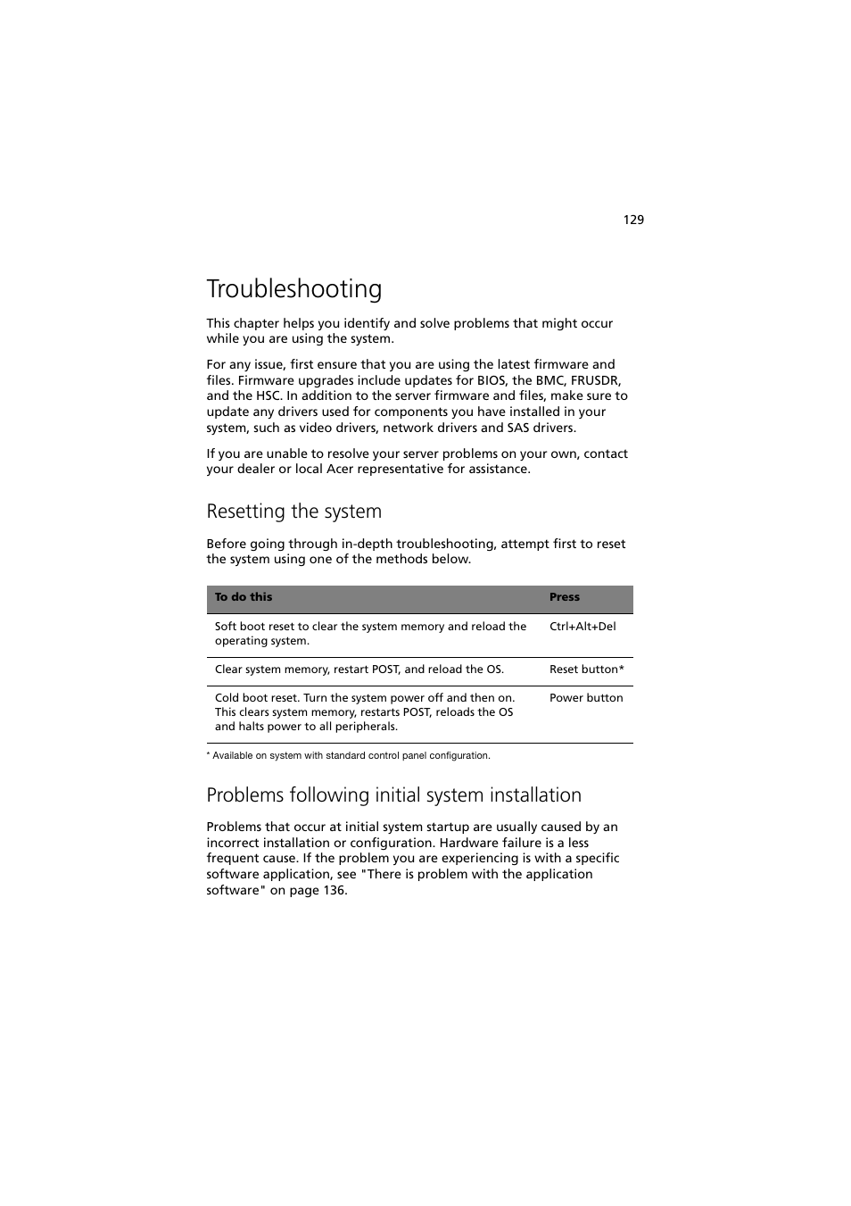 Troubleshooting, Resetting the system, Problems following initial system installation | Acer Network Device Altos R520 User Manual | Page 139 / 184