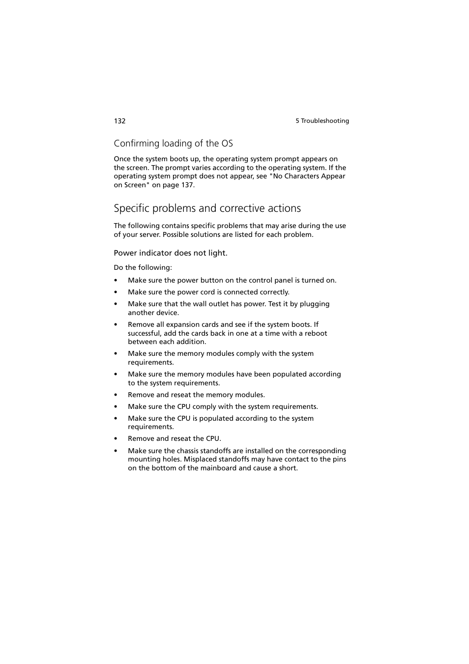 Specific problems and corrective actions, Confirming loading of the os | Acer Network Device Altos R520 User Manual | Page 142 / 184