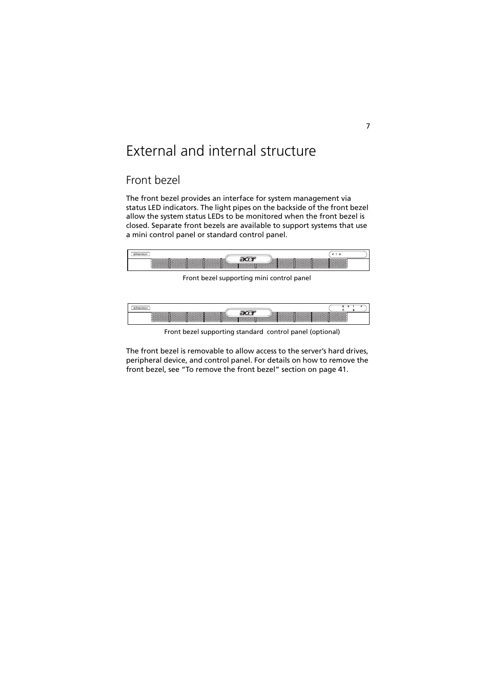 External and internal structure, Front bezel | Acer Network Device Altos R520 User Manual | Page 17 / 184