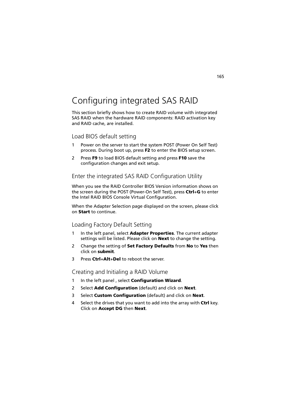 Configuring integrated sas raid, Load bios default setting, Loading factory default setting | Creating and initialing a raid volume | Acer Network Device Altos R520 User Manual | Page 175 / 184