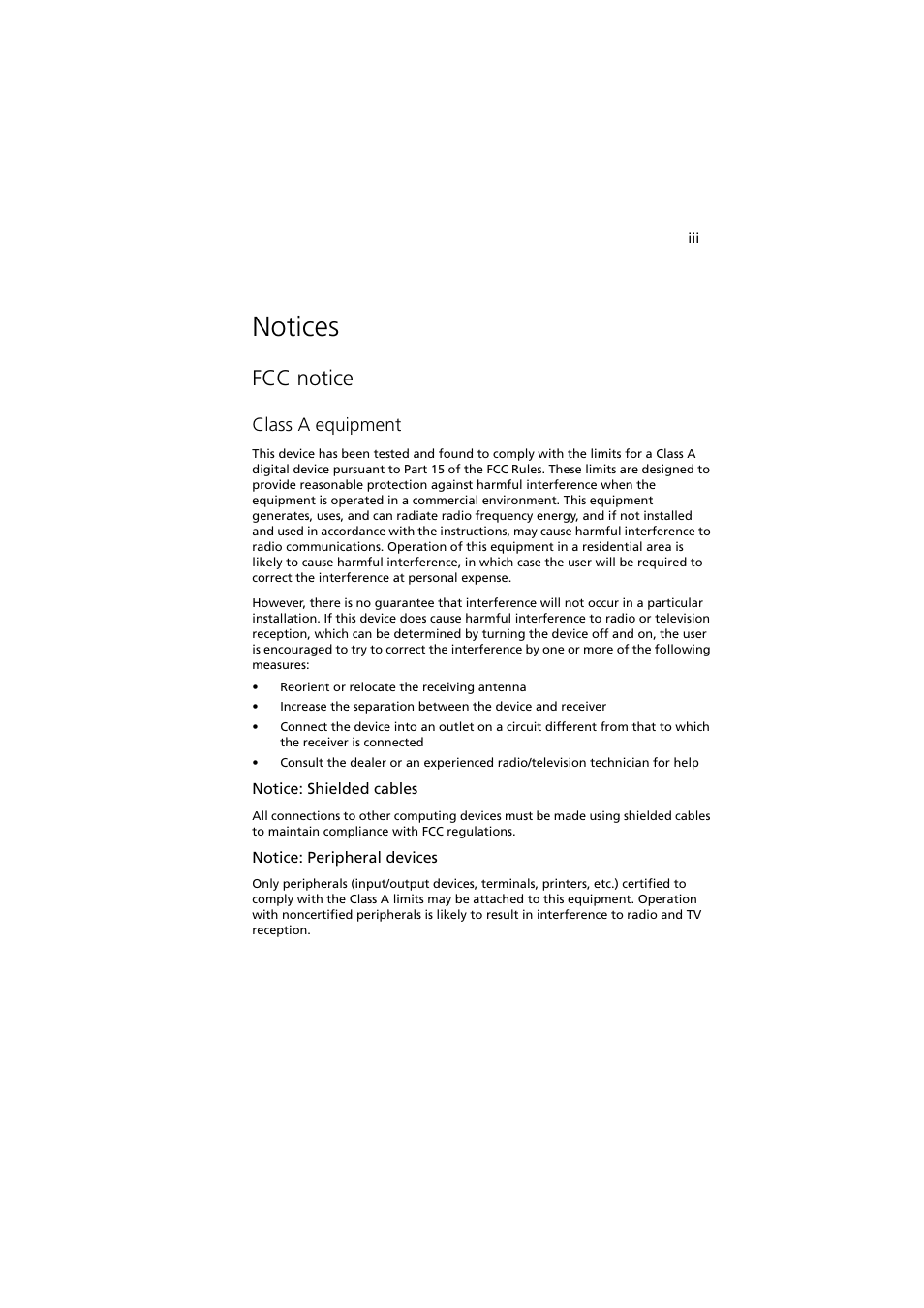 Notices, Fcc notice, Class a equipment | Acer Network Device Altos R520 User Manual | Page 3 / 184