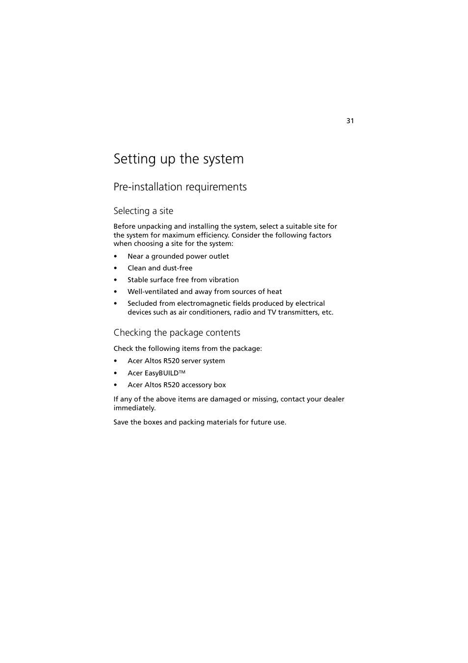 Setting up the system, Pre-installation requirements, Selecting a site | Checking the package contents | Acer Network Device Altos R520 User Manual | Page 41 / 184